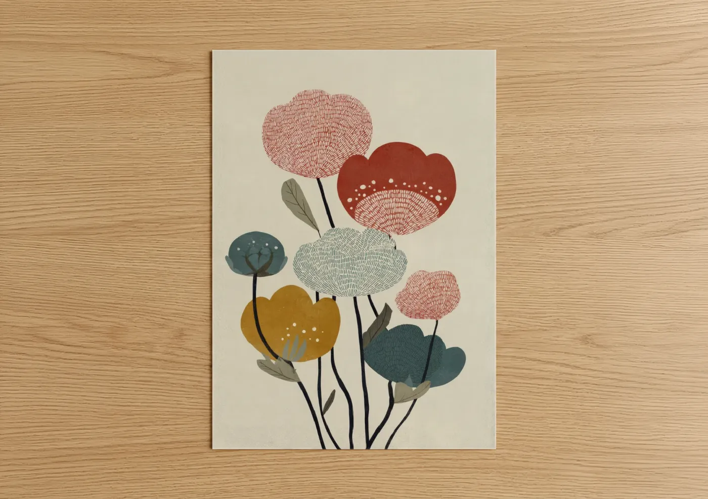 Art print on warm oak wood — russet and cream palette — Modern Ranunculus poster