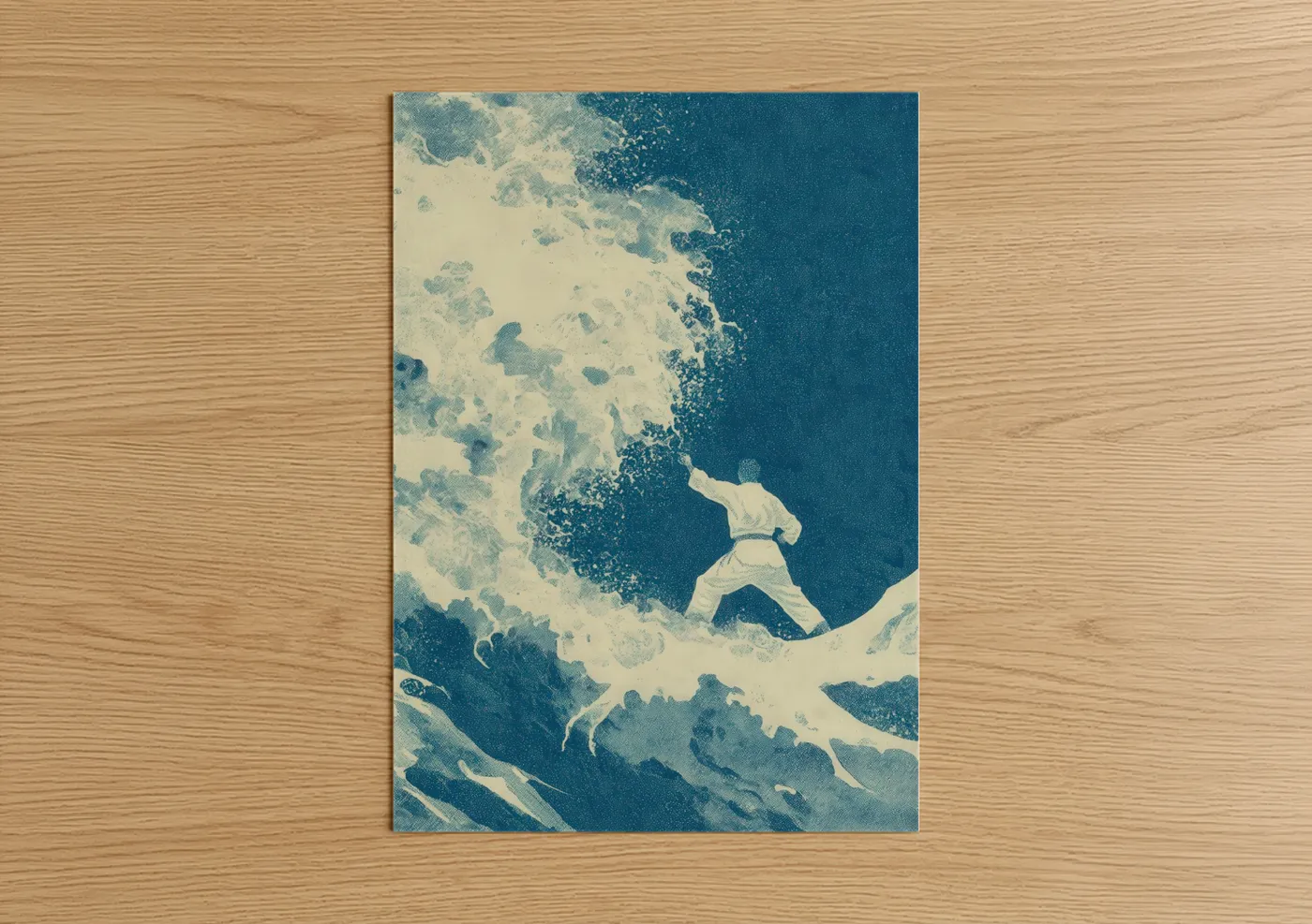 Karate art print on warm oak wood — blue and white and teal palette — Wave Warrior poster