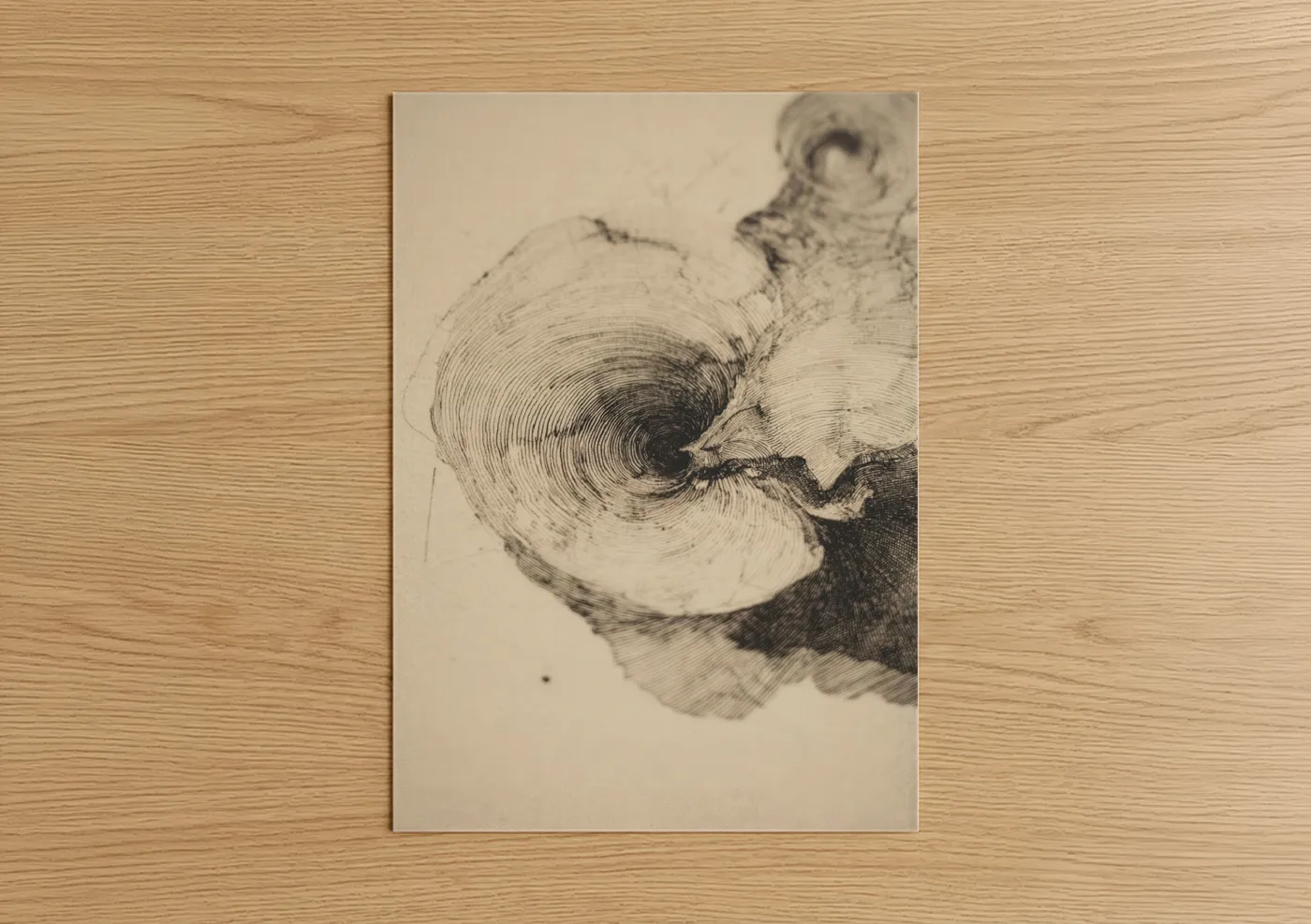 Art print on warm oak wood — black and white palette — Spiral Oyster poster