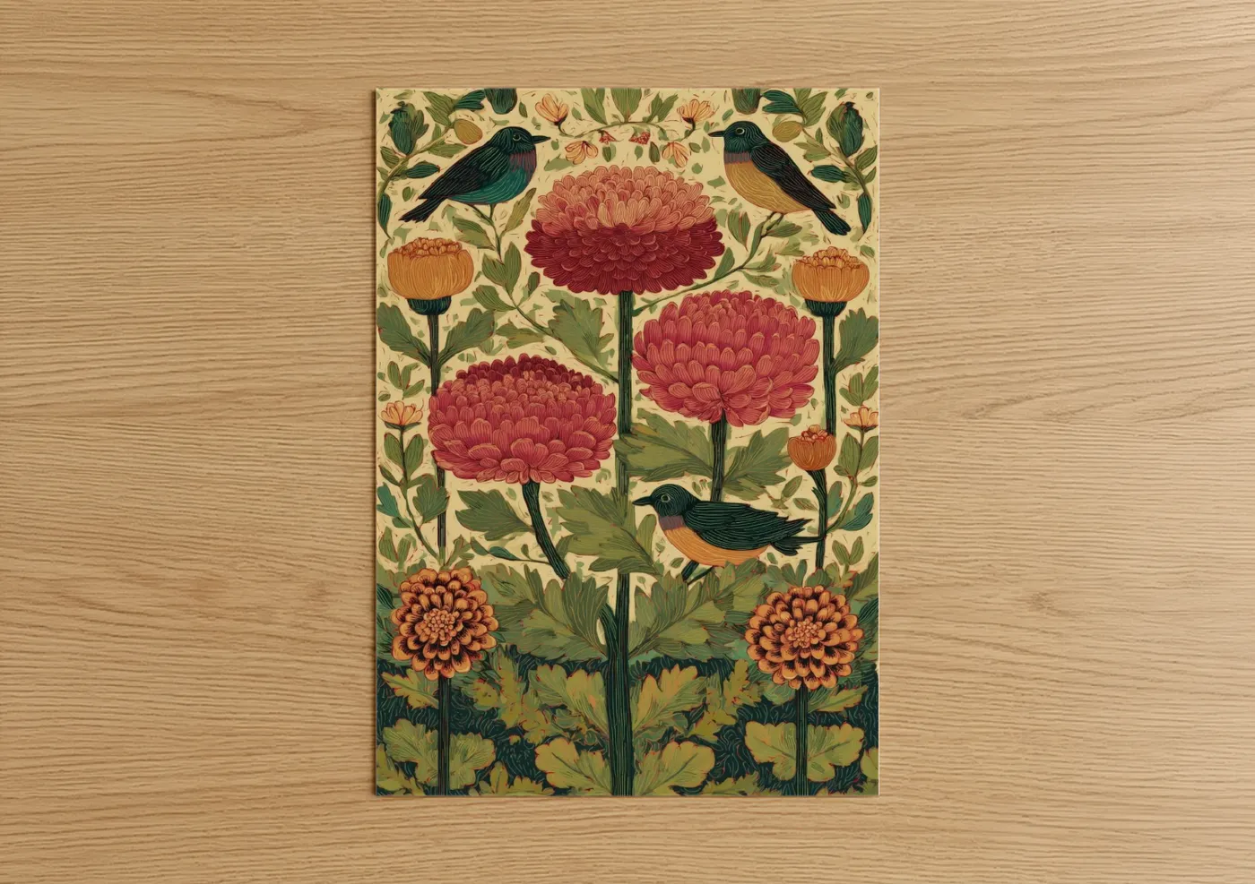 Chrysanthemum Garden Birds Botanical Wall Art