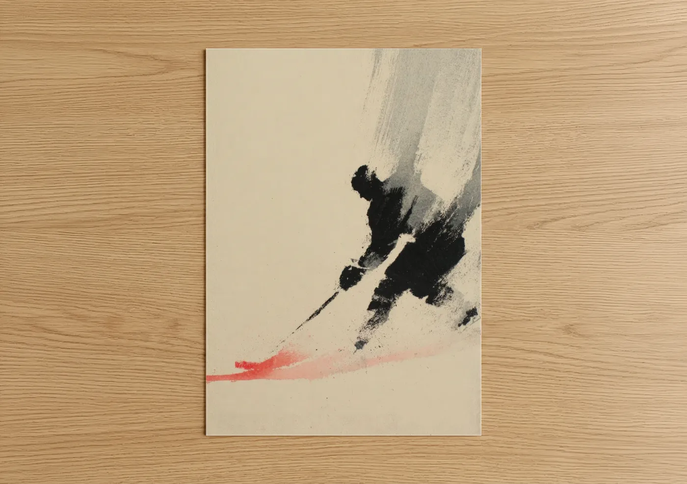 Ice hockey art print on warm oak wood — black and white and cream palette — Dynamic Hockey Player poster