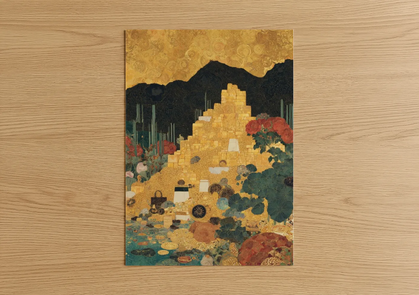 Money art print on warm oak wood — gold palette — Golden Abundance poster
