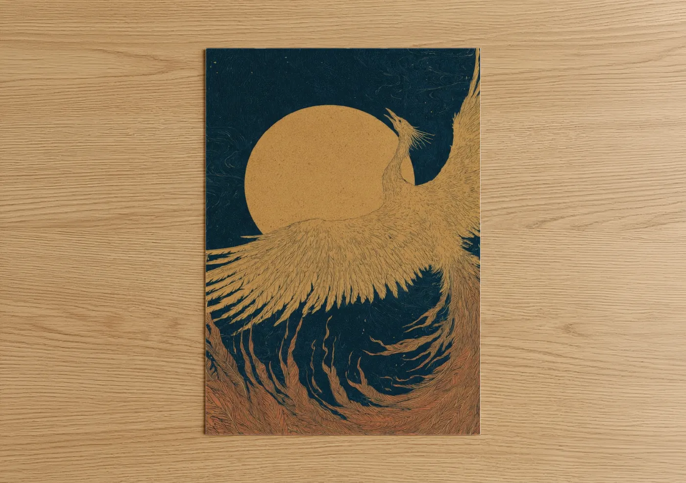 The sun art print on warm oak wood — gold and dark blue palette — Golden Phoenix Rising poster