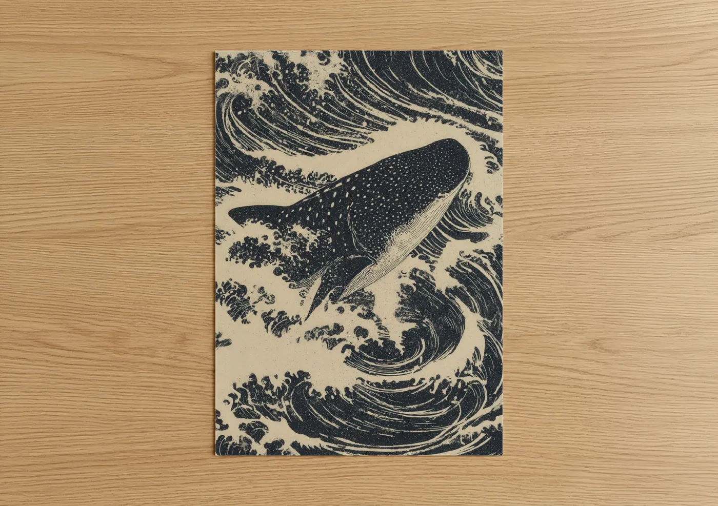 Whale Shark Ocean Waves Woodblock Wall Art