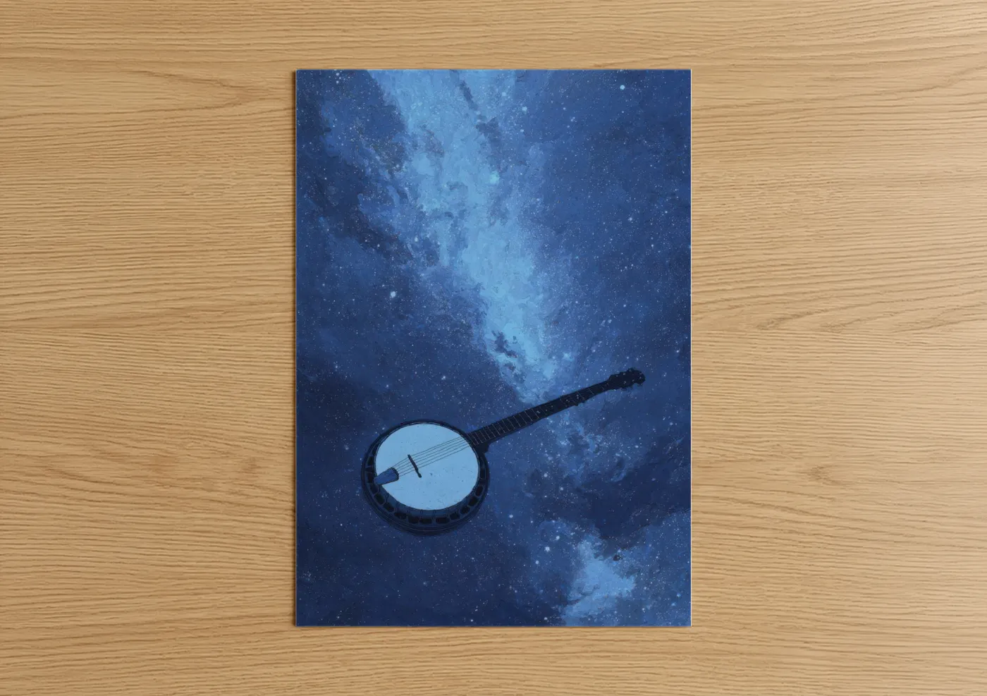 Art print on warm oak wood — blue and black and white palette — Cosmic Banjo poster
