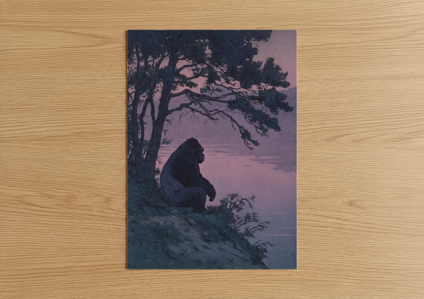Art print on warm oak wood — purple and blue palette — Twilight Gorilla poster
