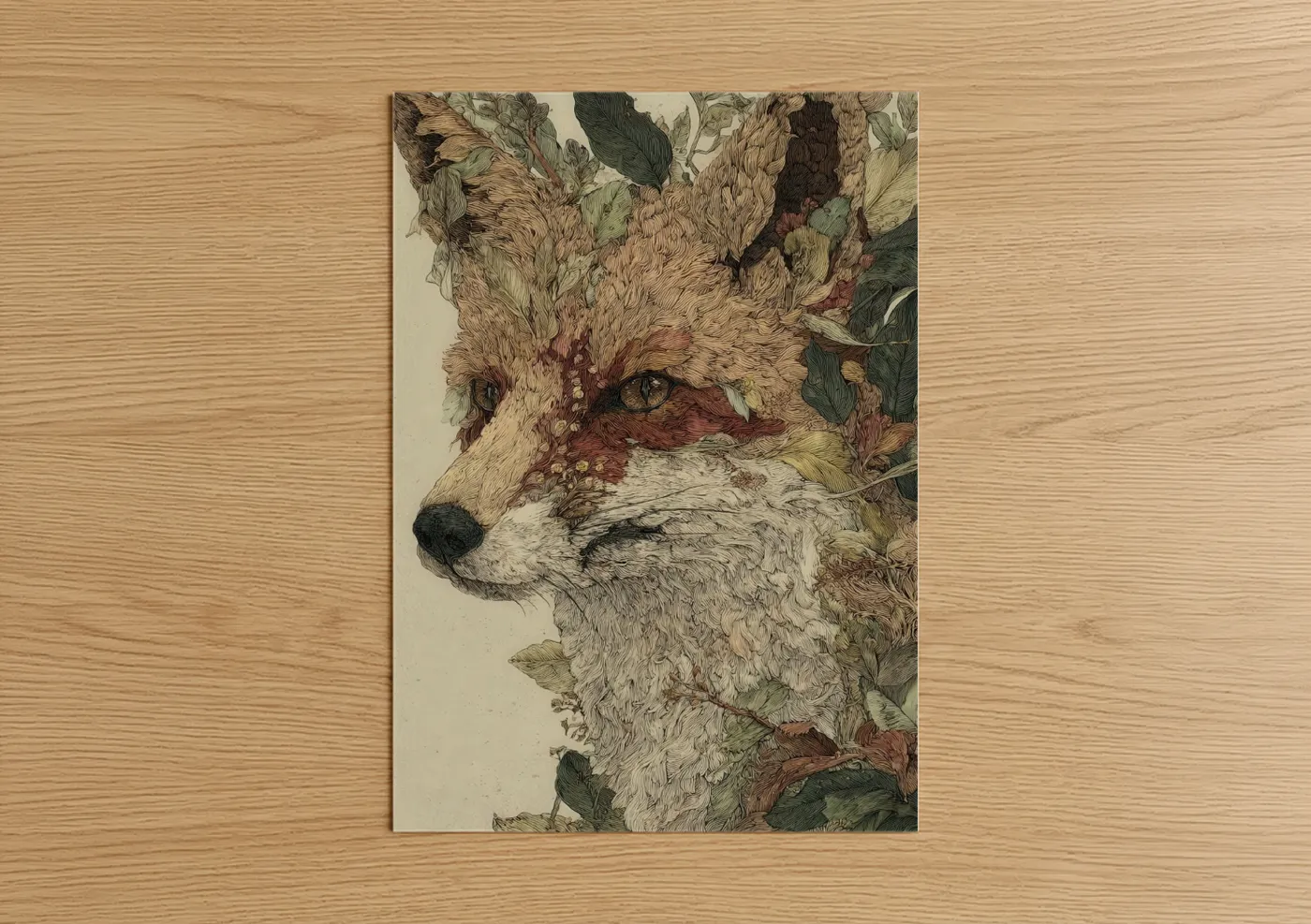Art print on warm oak wood — brown and green palette — Wildflower Fox poster