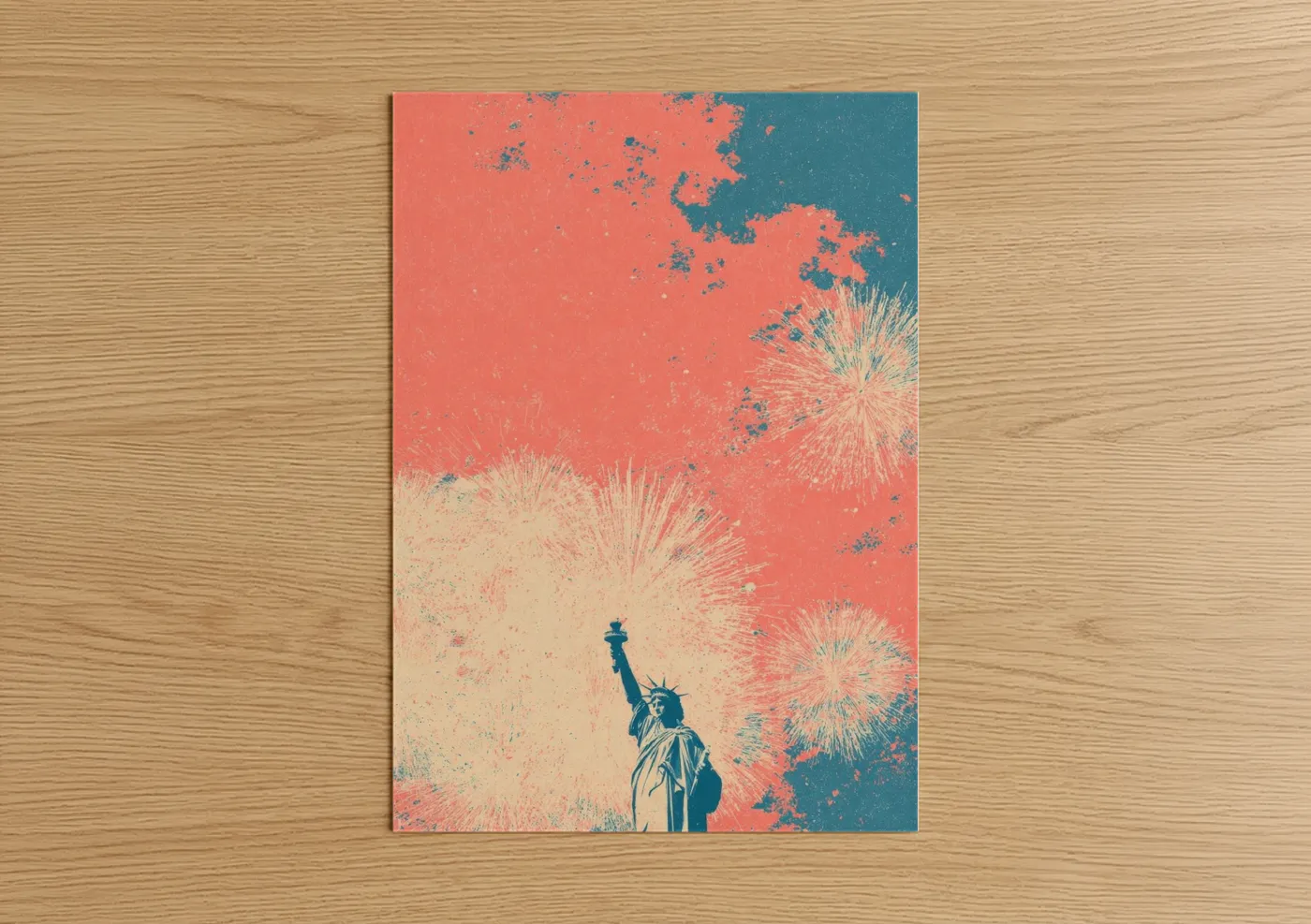 4th of july art print on warm oak wood — salmon pink and teal palette — Liberty Fireworks poster
