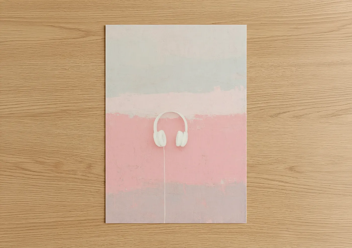 Art print on warm oak wood — white and pink palette — Minimalist Headphones poster