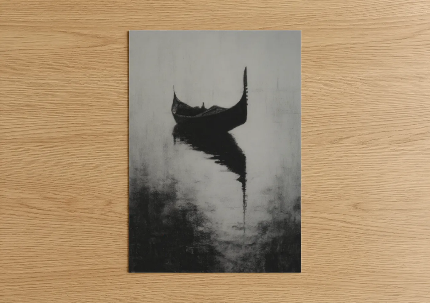 Art print on warm oak wood — black and white and dove gray palette — Misty Gondola poster