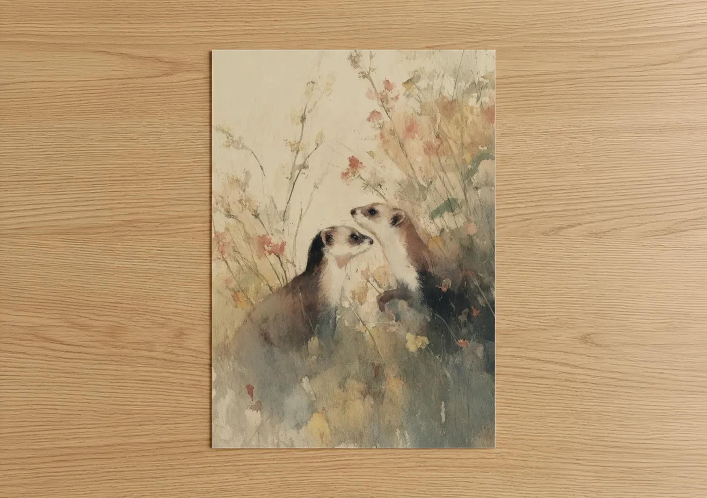 Art print on warm oak wood — cream and peach palette — Curious Weasel Pair poster