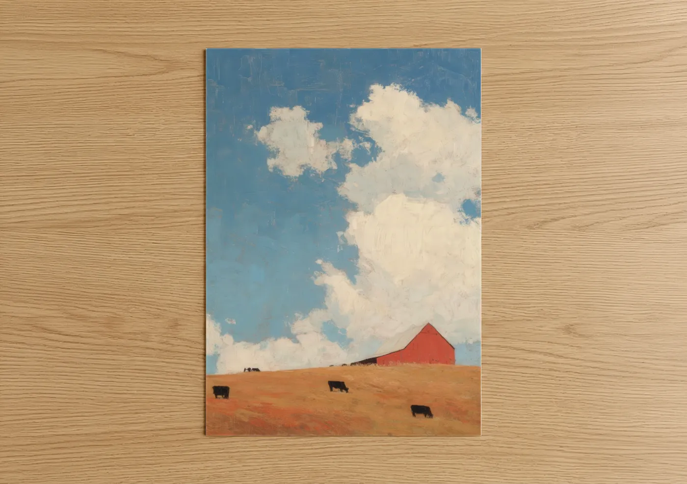 Farm art print on warm oak wood — blue and cream palette — Red Barn Pastoral poster