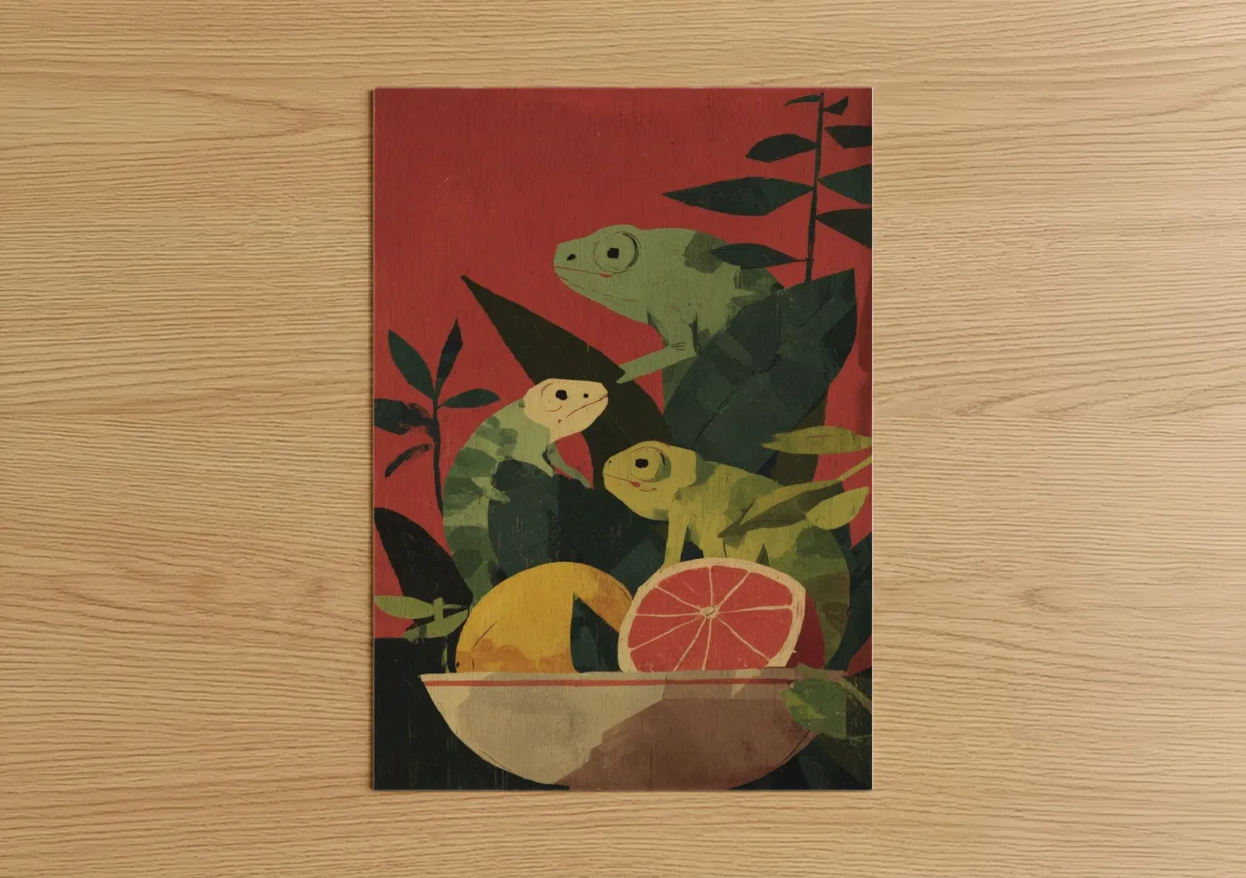 Art print on warm oak wood — russet and light green palette — Citrus Chameleons poster