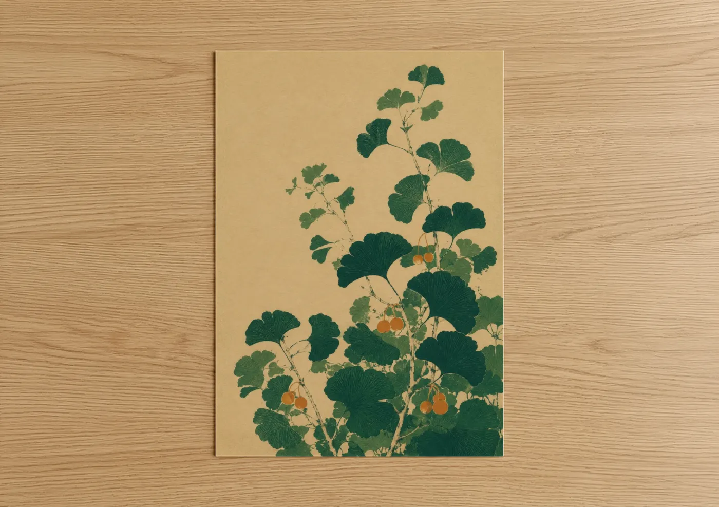 Leaf art print on warm oak wood — true green and beige palette — Japanese Ginkgo Leaves Botanical Wall Art poster