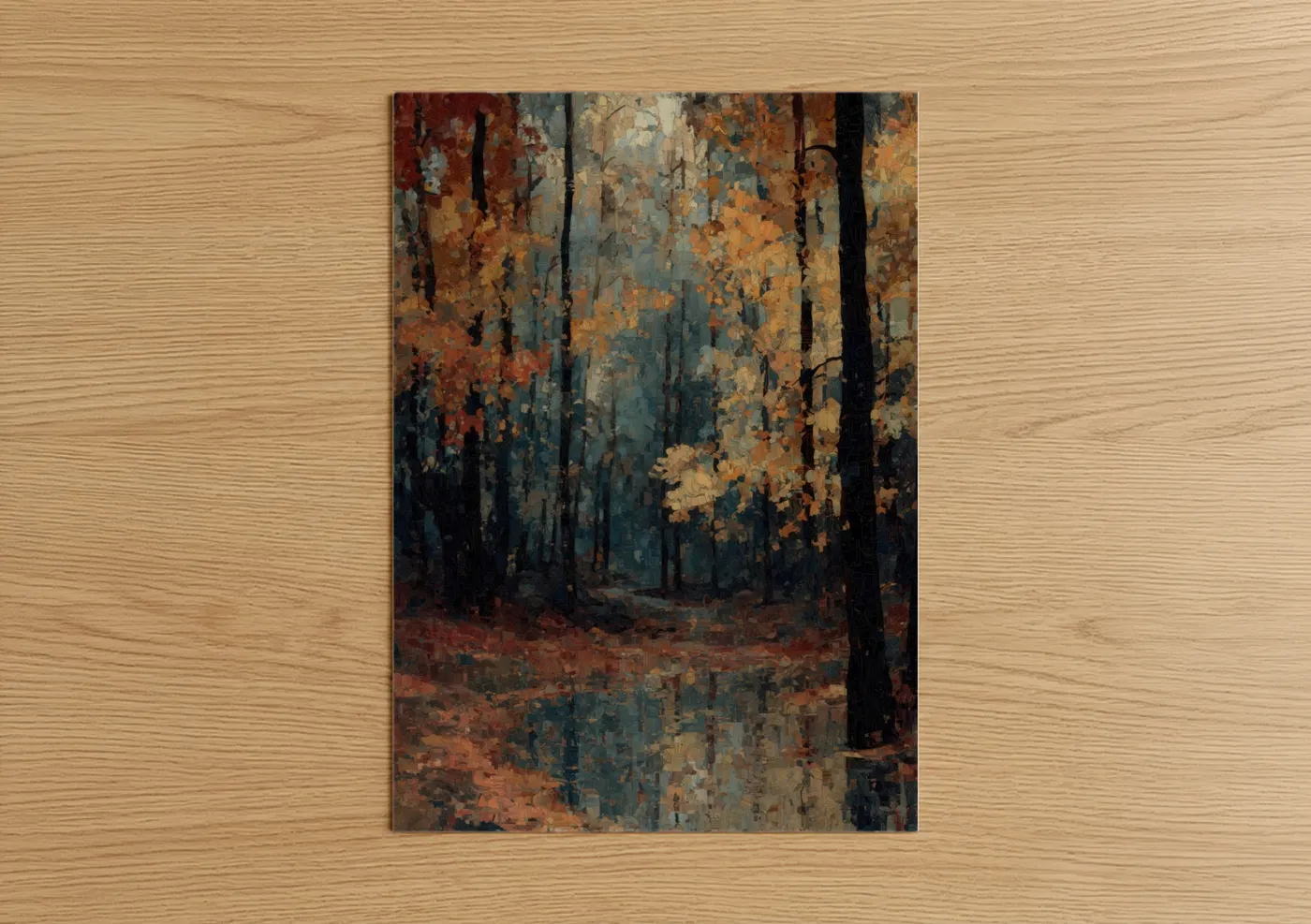 Art print on warm oak wood — gold palette — Autumn Maple Forest poster