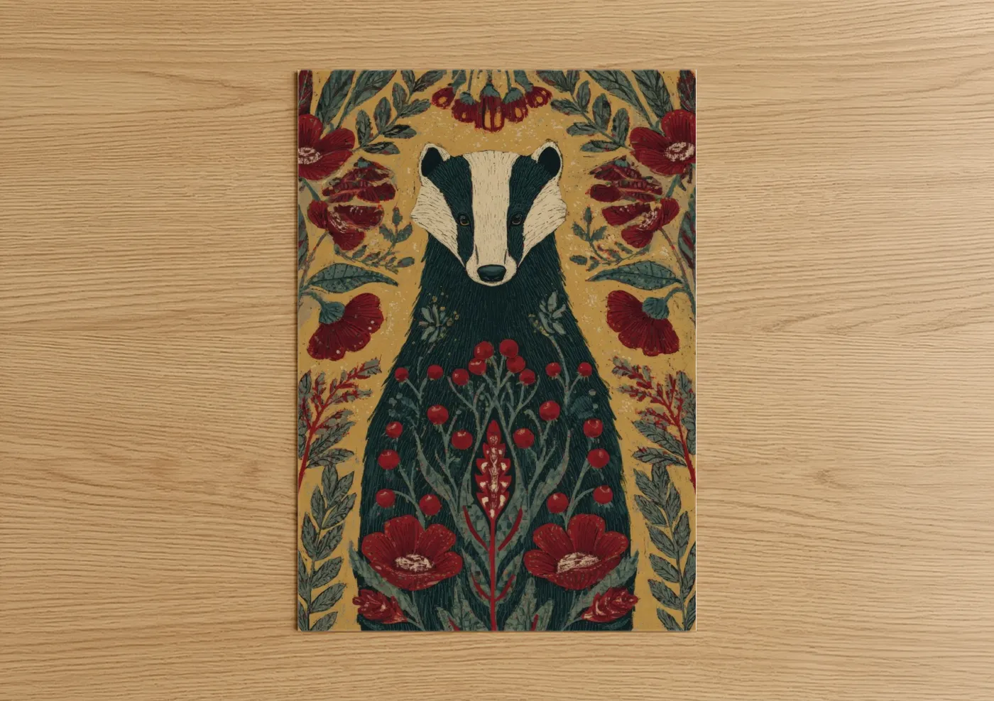 Floral Badger Botanical Art Illustration Wall Art
