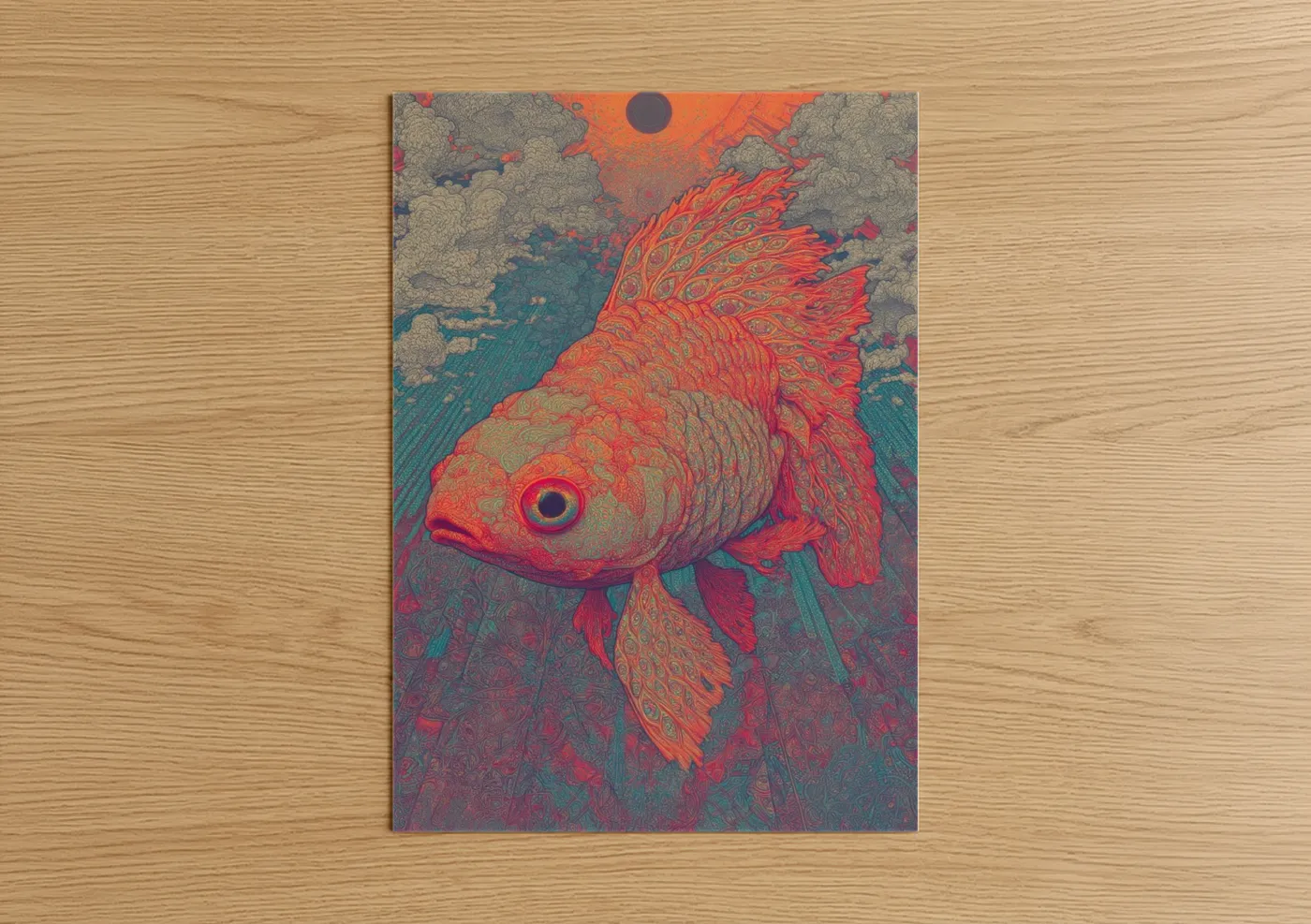 Art print on warm oak wood — red and teal palette — Crimson Goldfish poster