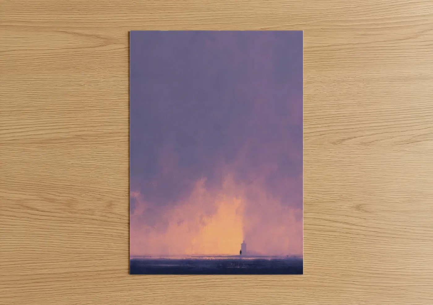 Art print on warm oak wood — purple and gold palette — Golden Lighthouse Dawn poster