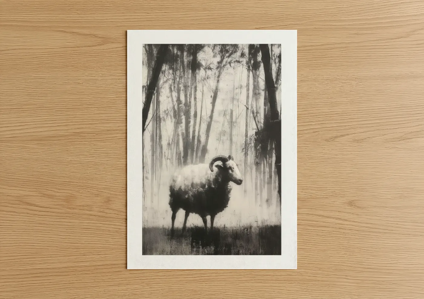 Misty Woodland Sheep Forest Black White Wall Art
