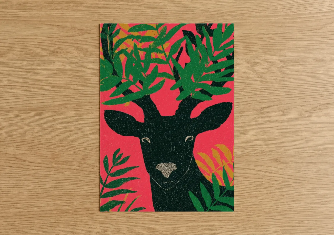Black Reindeer Christmas Art with Green Foliage Wall Art