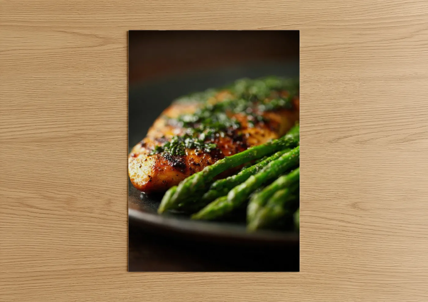 Poultry art print on warm oak wood — gold and dark green palette — Herb-Crusted Chicken poster