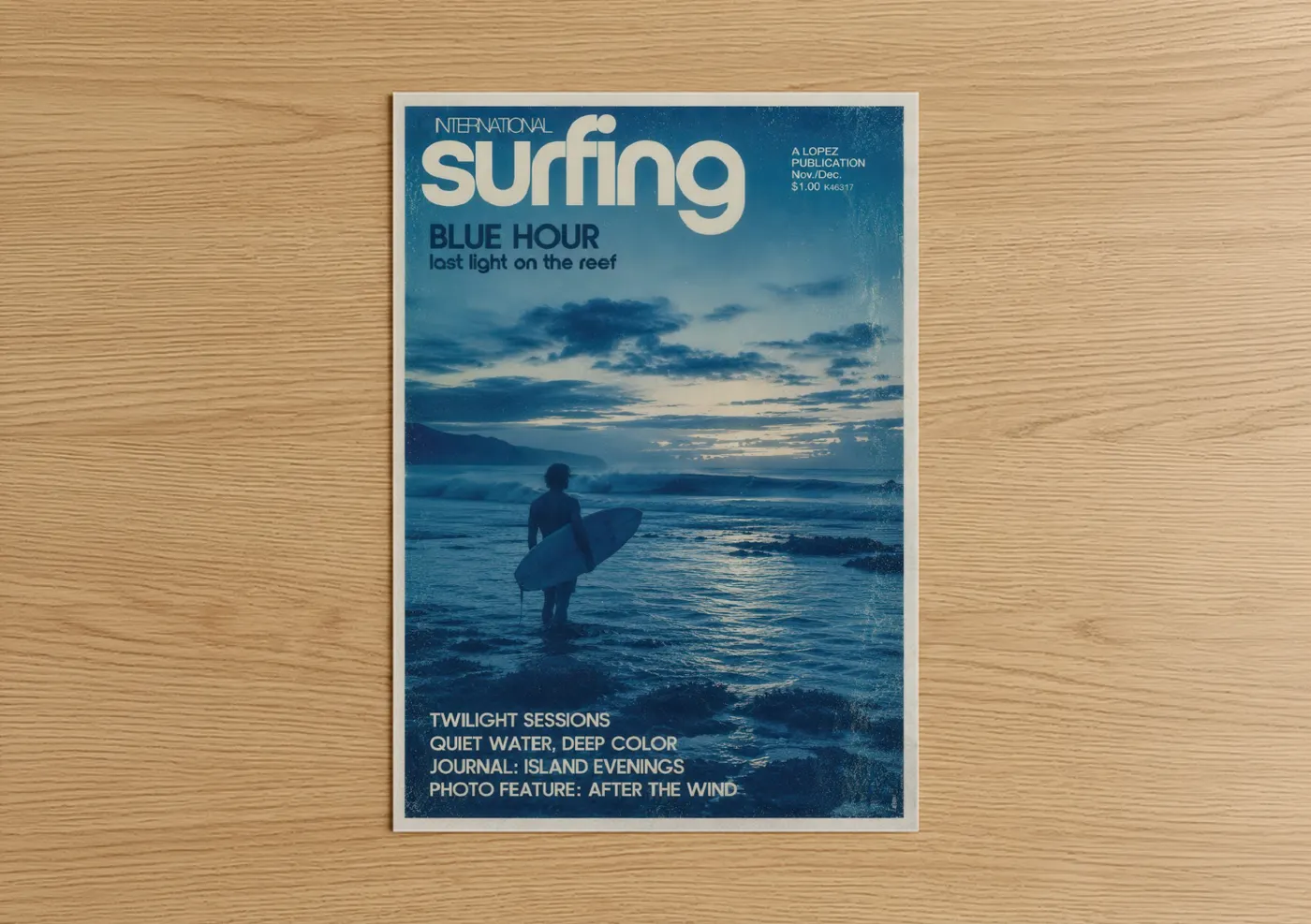 Water surfing art print on warm oak wood — blue and dark blue palette — Surfer at Twilight Ocean Wall Art poster