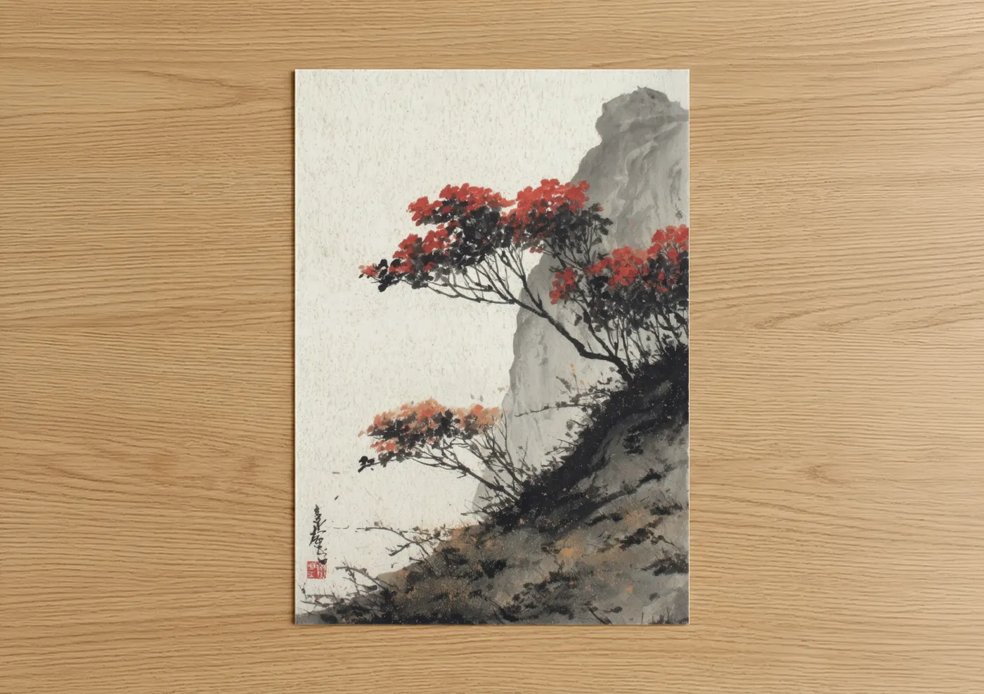 Art print on warm oak wood — red and gray palette — Cliff Rhododendron poster