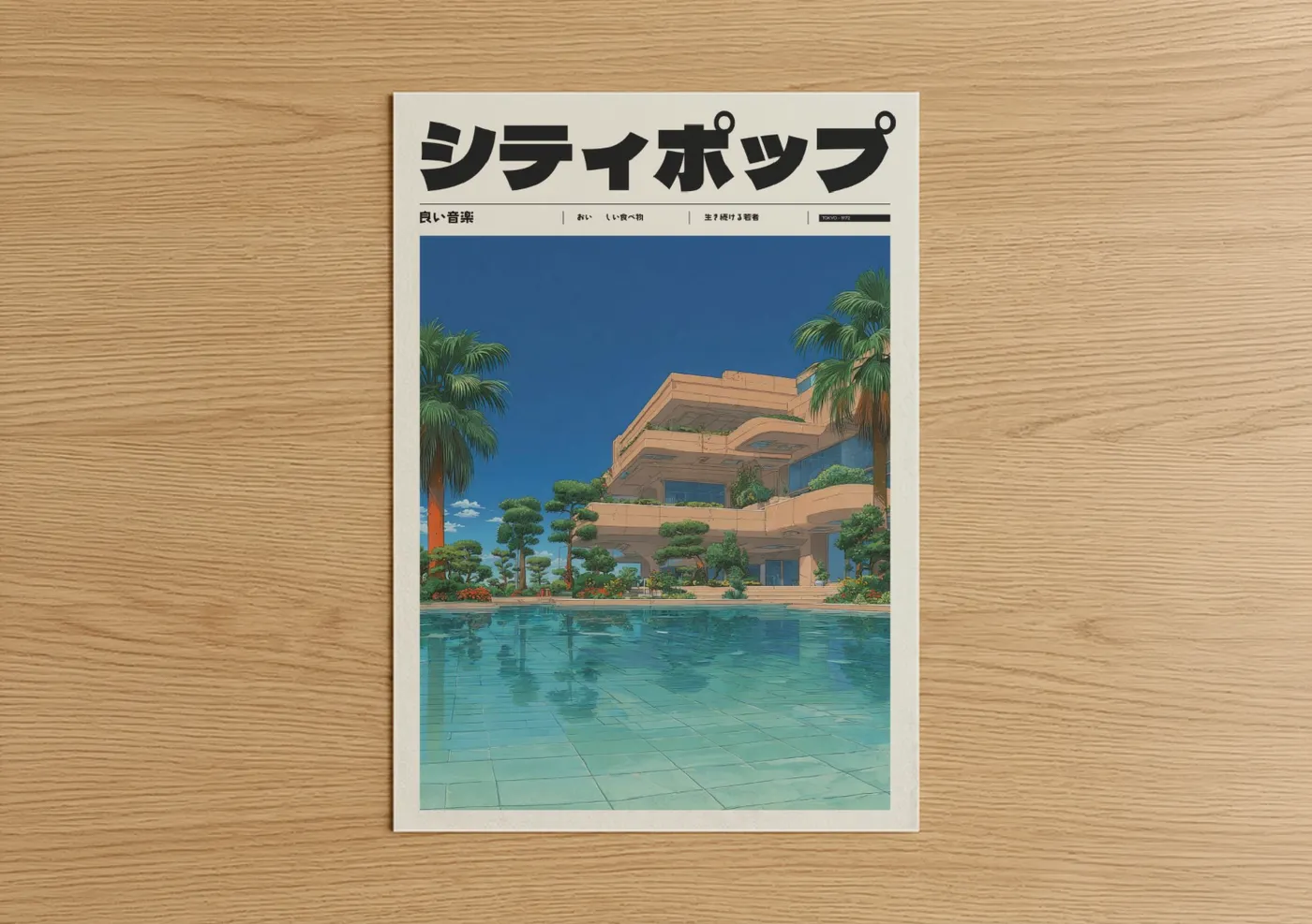 Anime and manga art print on warm oak wood — blue and gold palette — Retro Villa Poolside poster