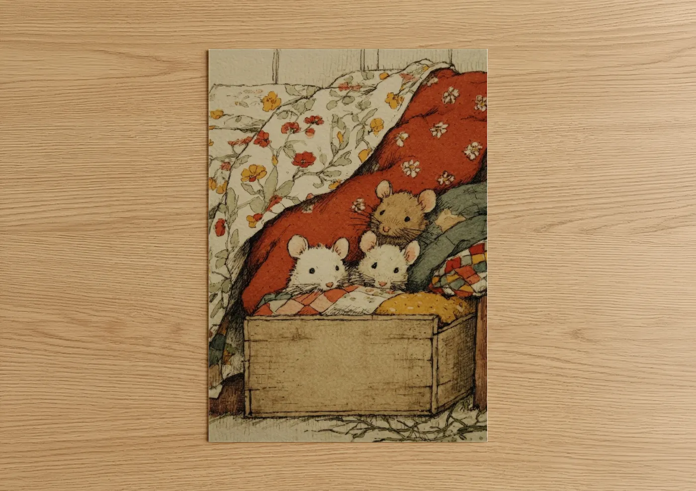 Art print on warm oak wood — russet and cream palette — Cozy Mice Trio poster