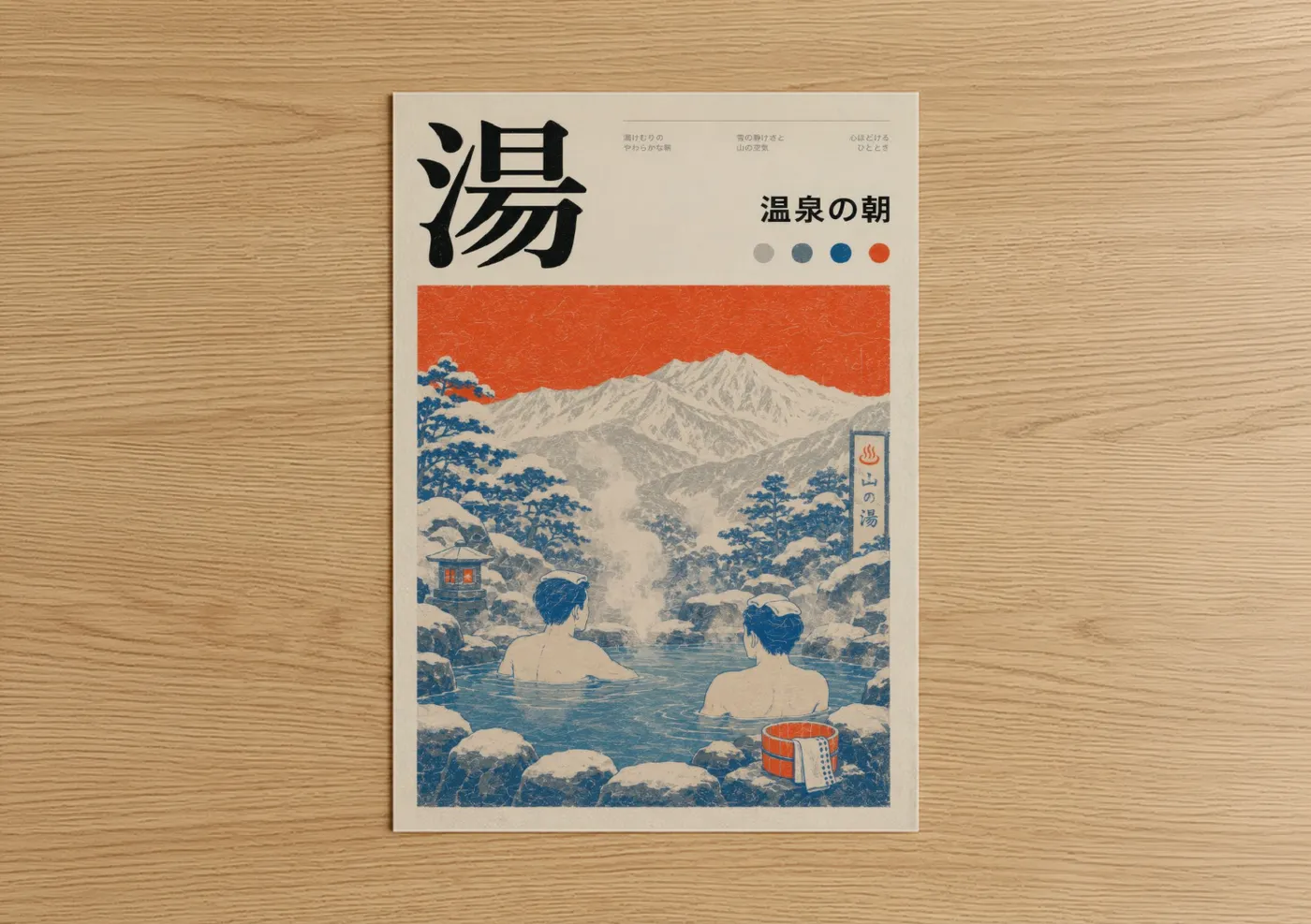 Mount fuji art print on warm oak wood — blue and orange palette — Japanese Hot Spring Mountain Scene Wall Art poster