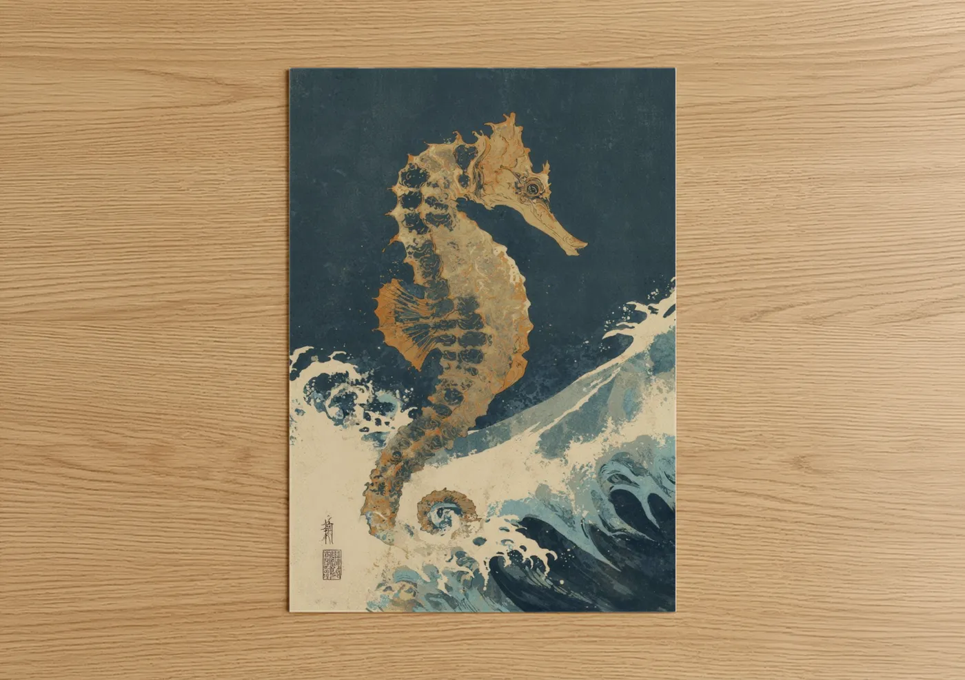 Golden Seahorse Japanese Wave Wall Art