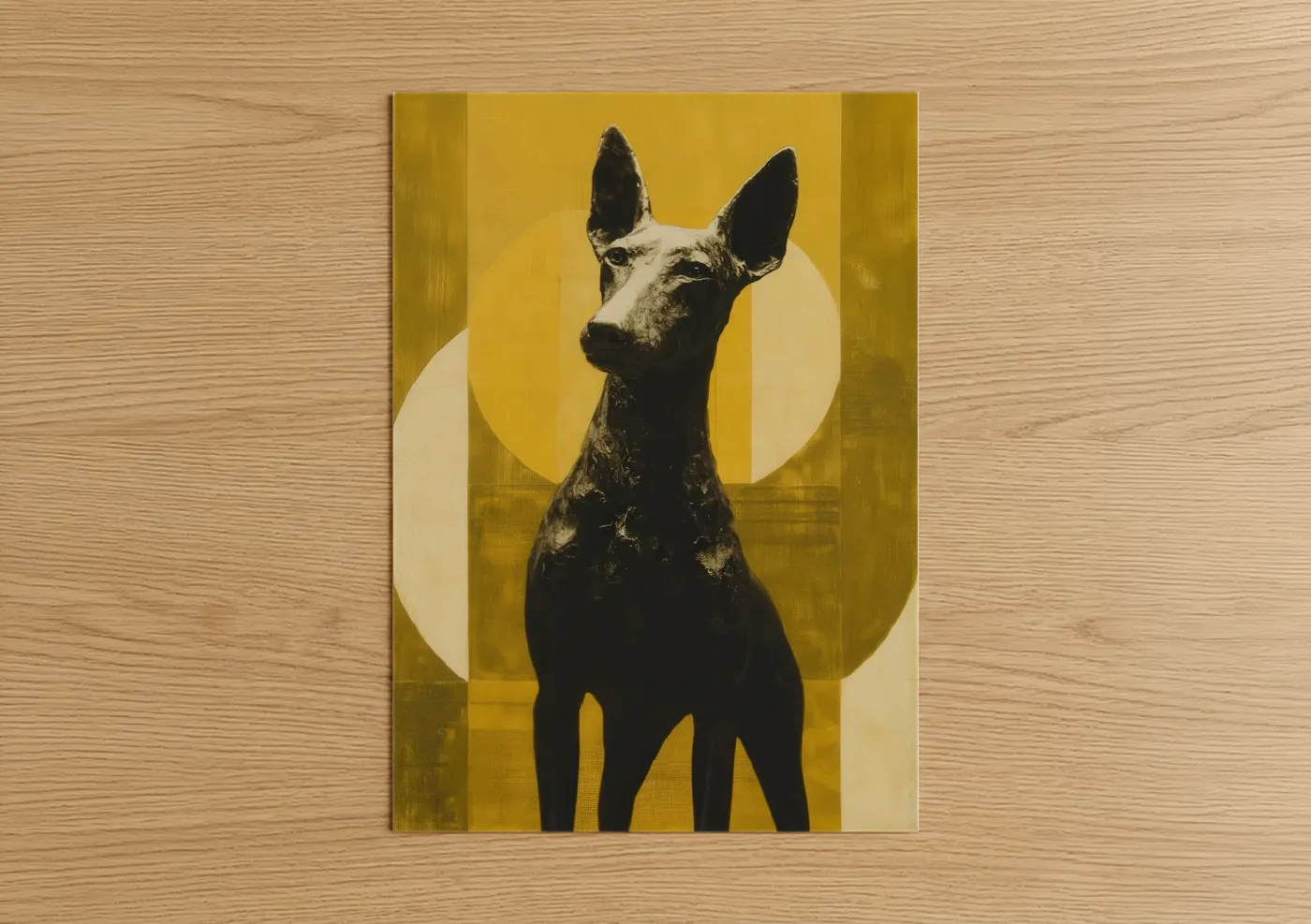 Art print on warm oak wood — gold and black and white palette — Golden Terrier poster