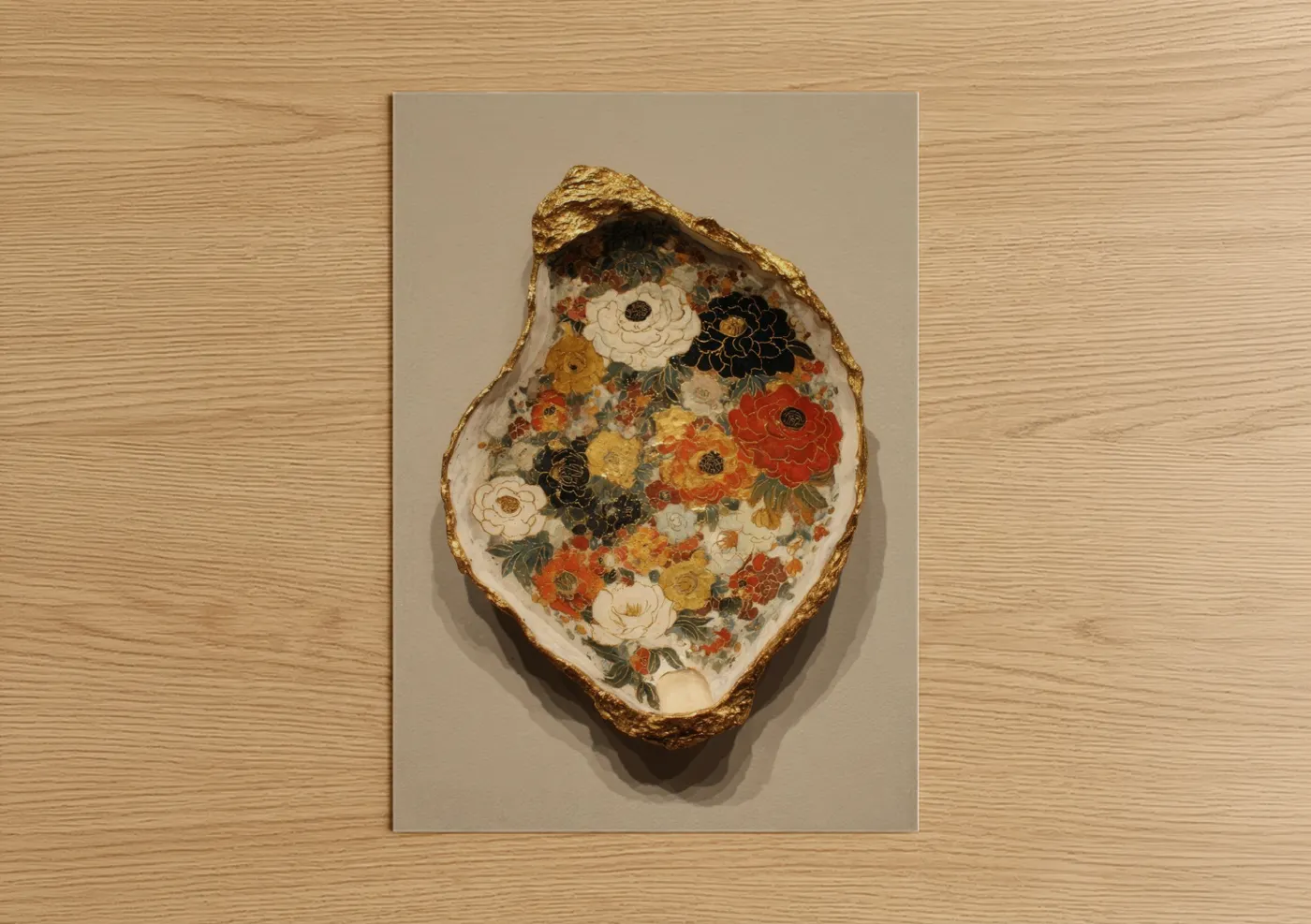 Art print on warm oak wood — gold and cream palette — Golden Oyster Shell poster