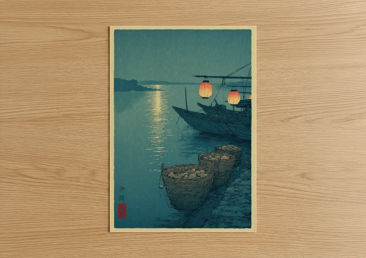 Japanese Harbor Seafood Woodblock Wall Art