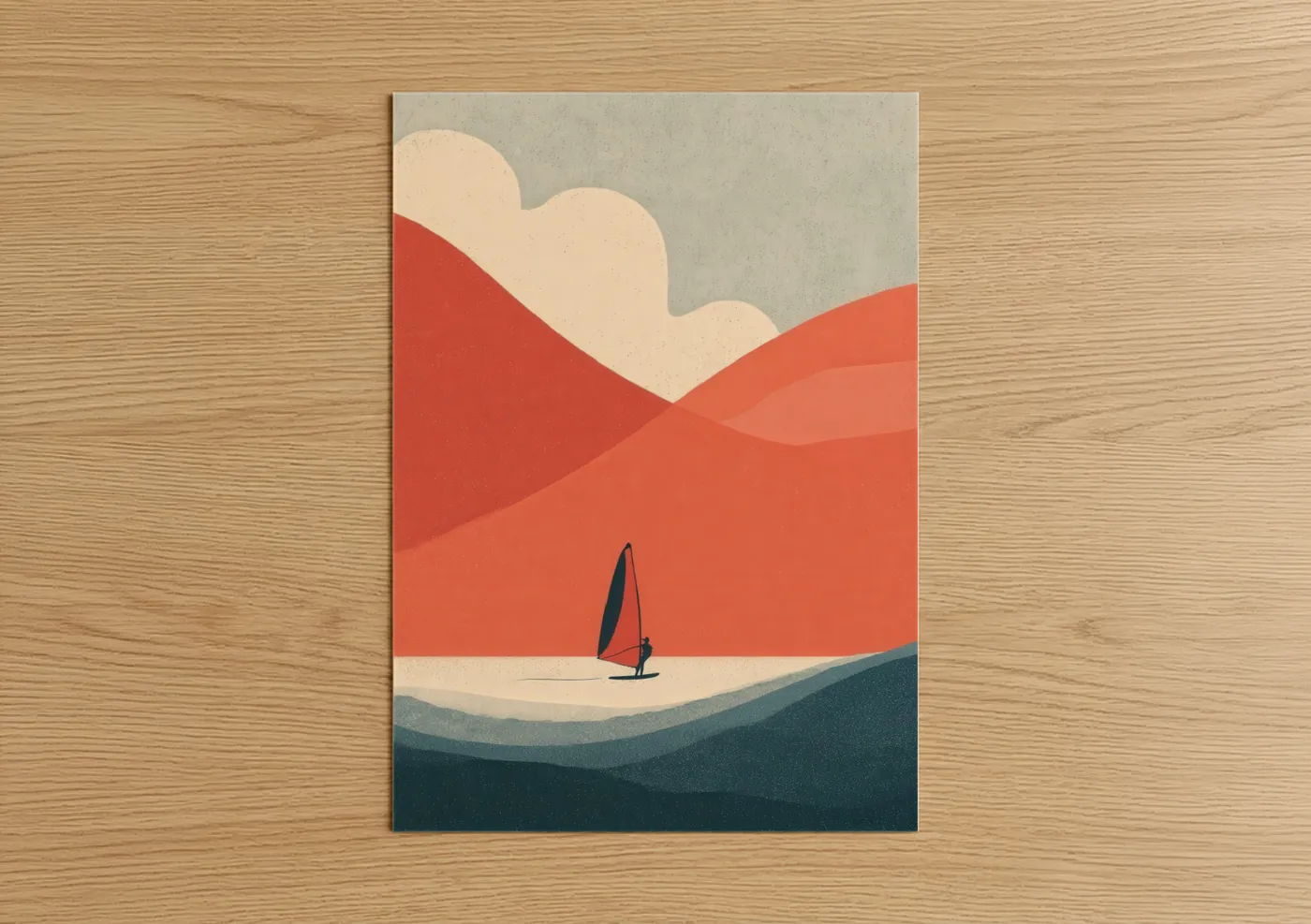 Windsurfing art print on warm oak wood — red and cream palette — Desert Windsurfer poster