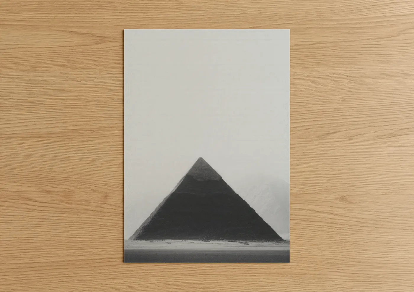 Great pyramid of giza art print on warm oak wood — black and white palette — Misty Pyramid poster