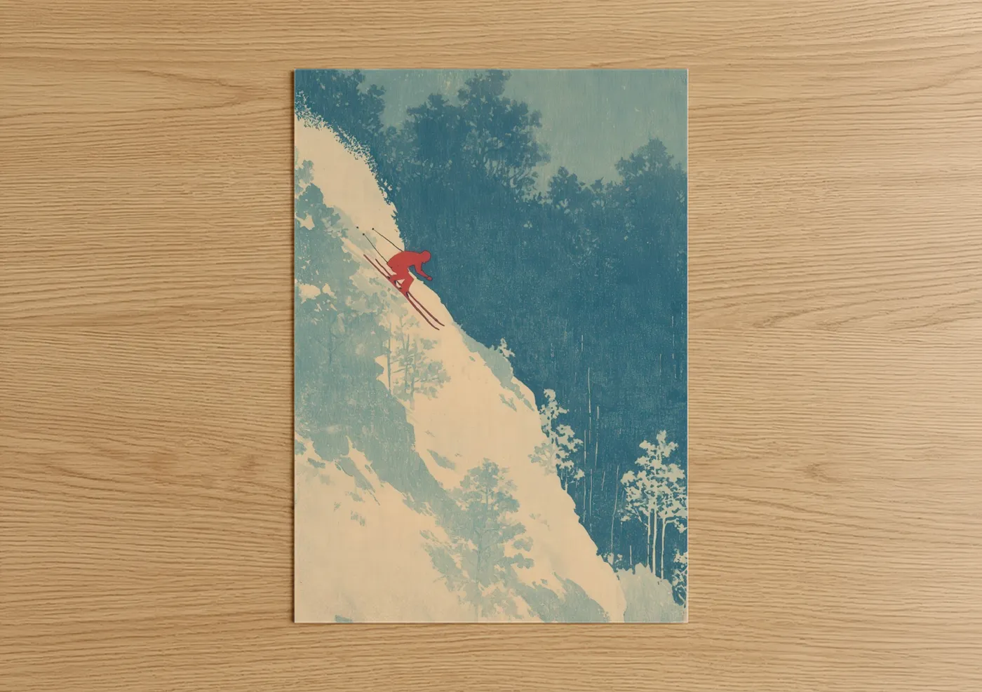 Skiing art print on warm oak wood — blue and white and cream palette — Alpine Descent poster