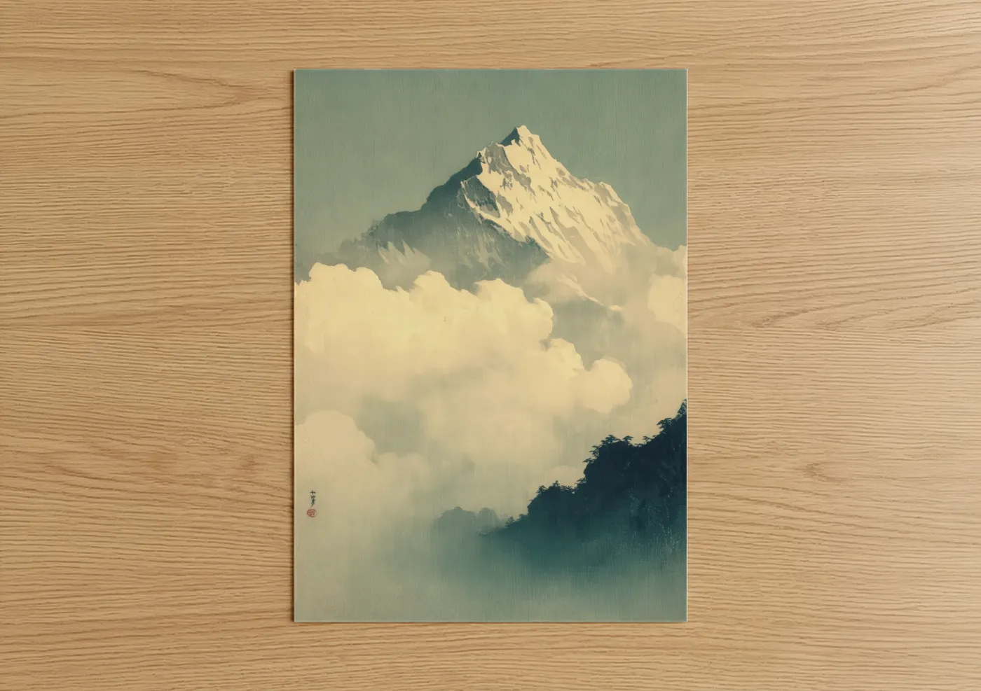 Mount everest art print on warm oak wood — sage green and cream palette — Misty Everest Peak poster