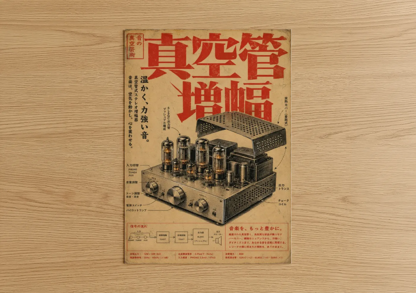 Music equipment art print on warm oak wood — beige and red palette — Vintage Japanese Audio Amplifier Wall Art poster