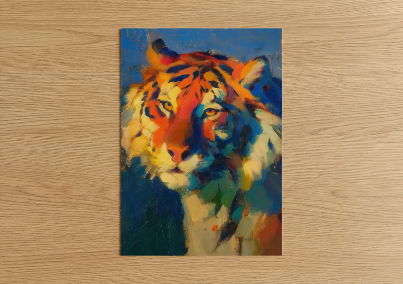 Art print on warm oak wood — orange and blue palette — Colorful Tiger poster