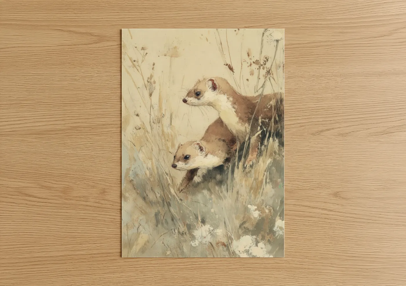 Alert Weasel Pair Watercolor Wall Art
