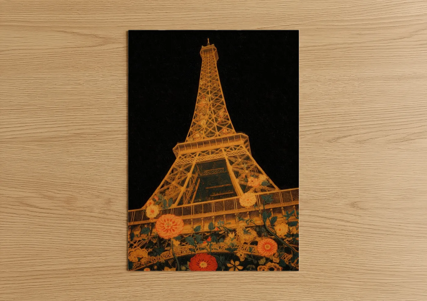 Art print on warm oak wood — gold and black palette — Golden Eiffel Tower poster