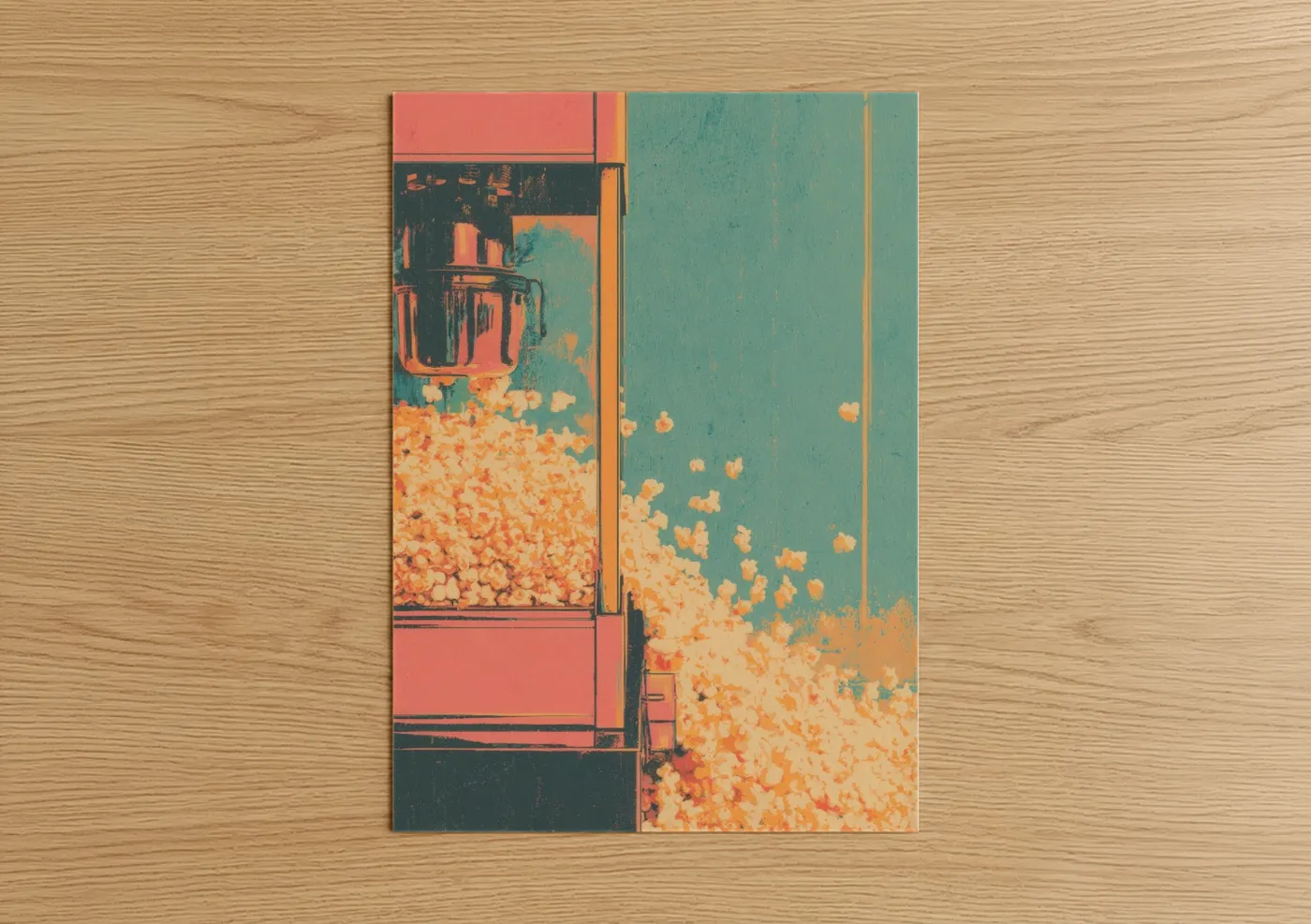 Art print on warm oak wood — pumpkin and teal palette — Popcorn Carnival poster