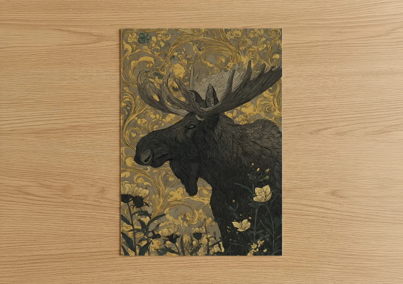 Art print on warm oak wood — gold and black and white palette — Golden Moose poster