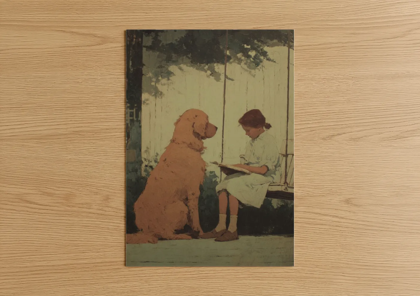 Art print on warm oak wood — russet and cream palette — Girl Reading Setter poster