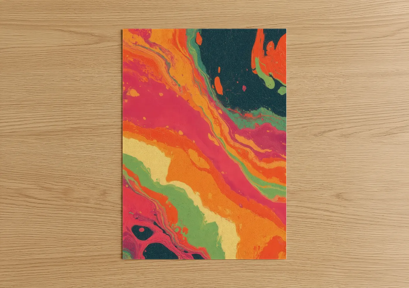 Art print on warm oak wood — magenta and orange palette — Cosmic Nebula poster