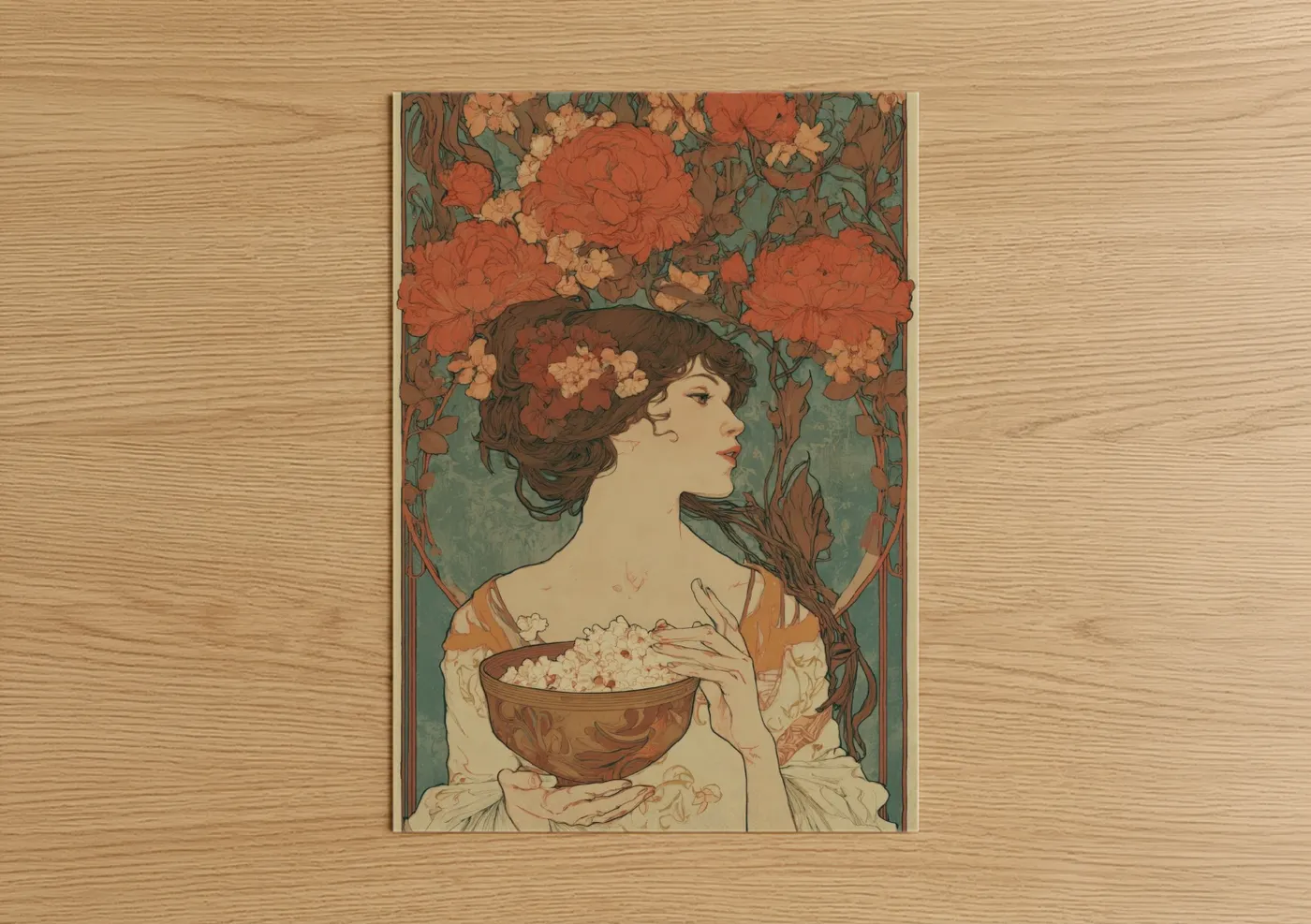Art print on warm oak wood — orange and teal palette — Harvest Popcorn poster