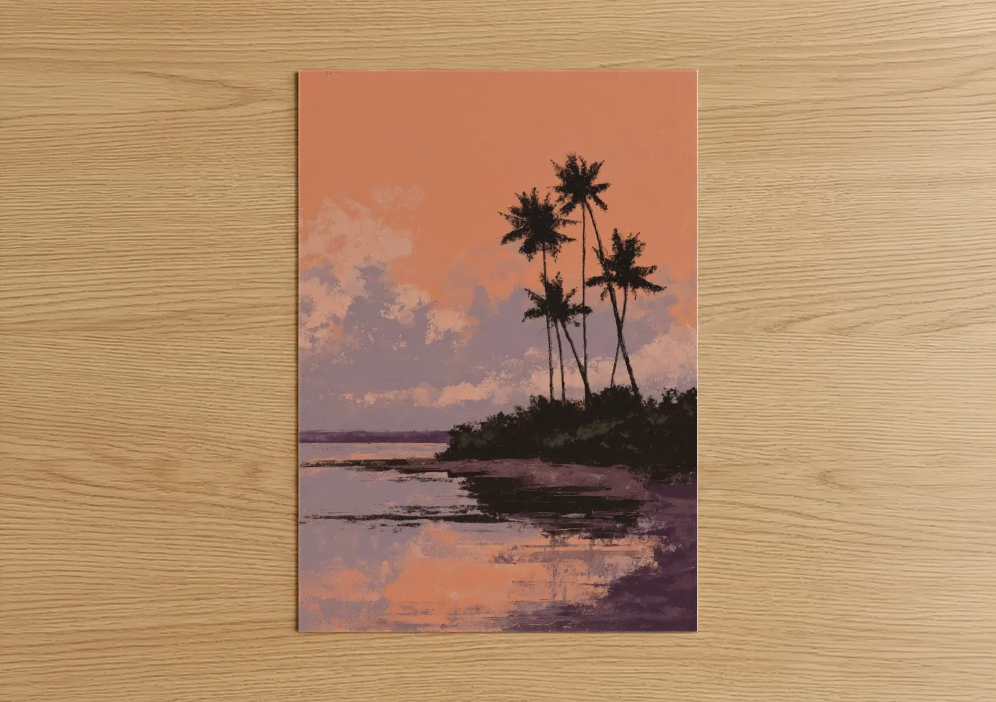 Beach sunrise and sunsets art print on warm oak wood — peach and lavender palette — Tropical Sunset Paradise poster