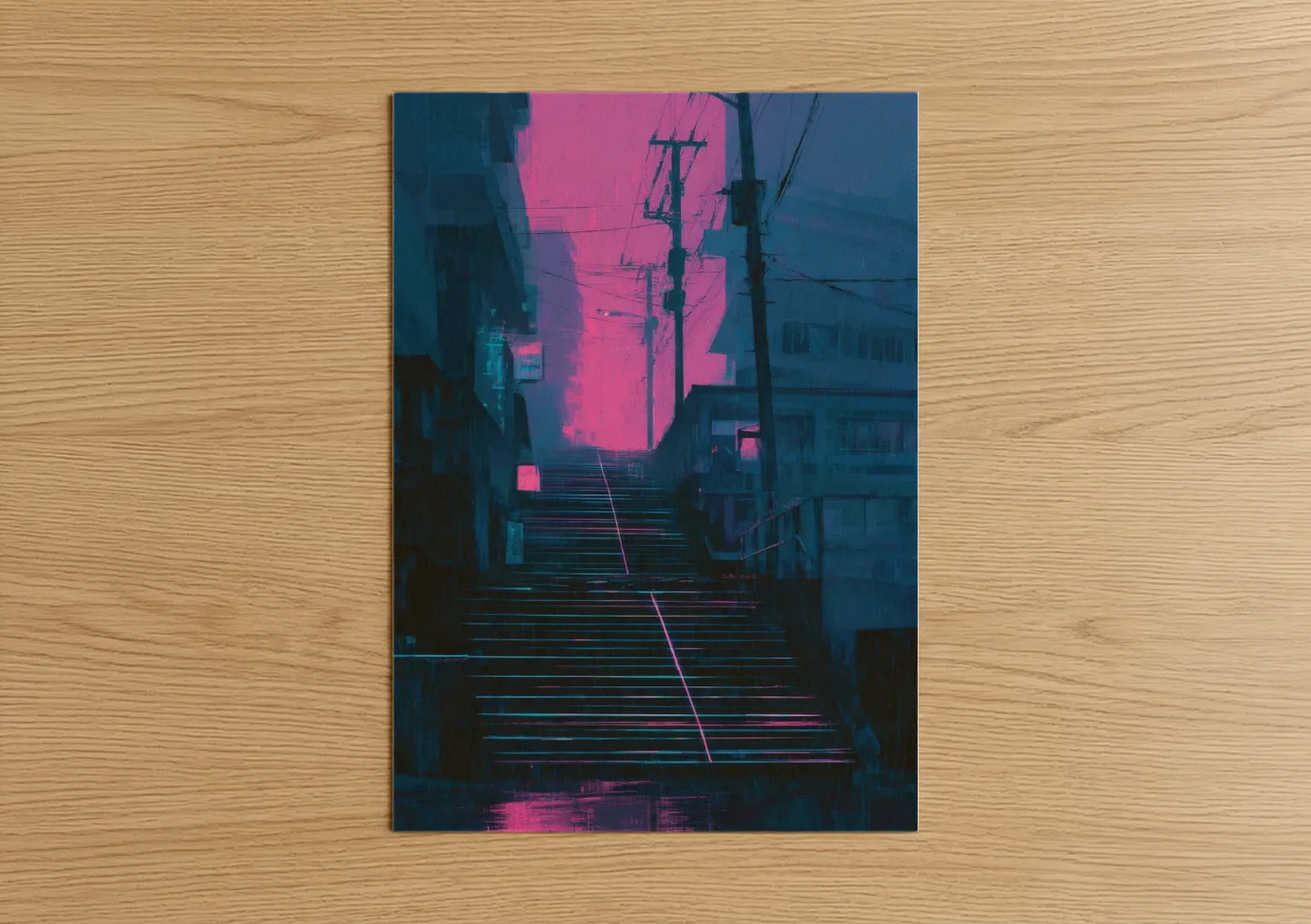 Neon Staircase Urban Cyberpunk Wall Art