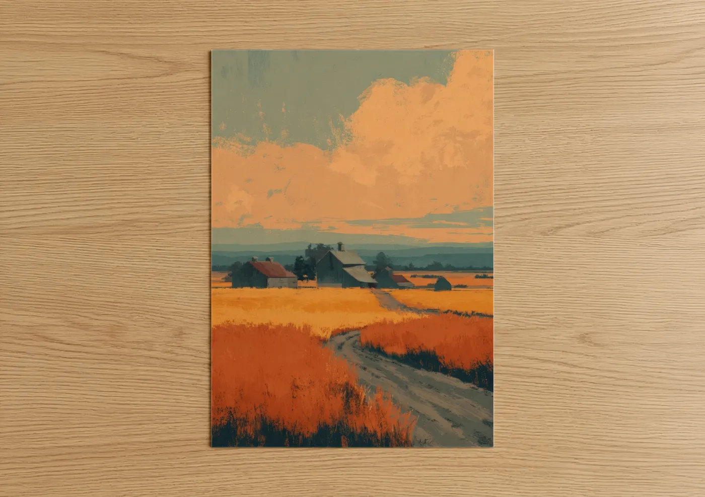 Golden Village Sunset Rural Landscape Wall Art